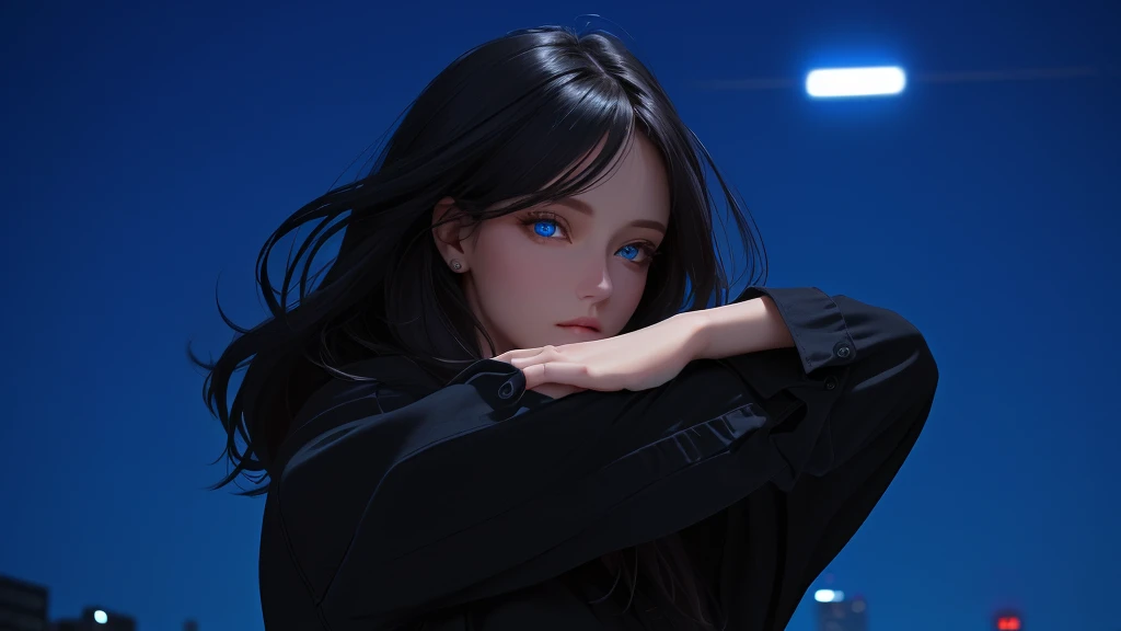 ultra-detailed, beautiful eyes, detailed eyes, detailed face, ultra-detailed, beautiful eyes, A woman with beautiful blue eyes, looking at us on a lonely night in the city, dressed in black casual, loose-fitting clothes, Composition like a scene from a movie, master piece, best quality, high resolution, 16k