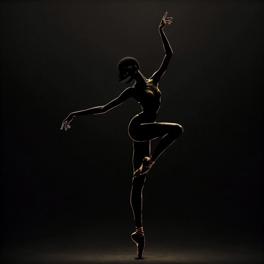 Minimalist and aesthetic photographic image of a black African woman dancing ballet. Image is very dark, blends in with the black background, showing only some golden outlines under direct lighting.