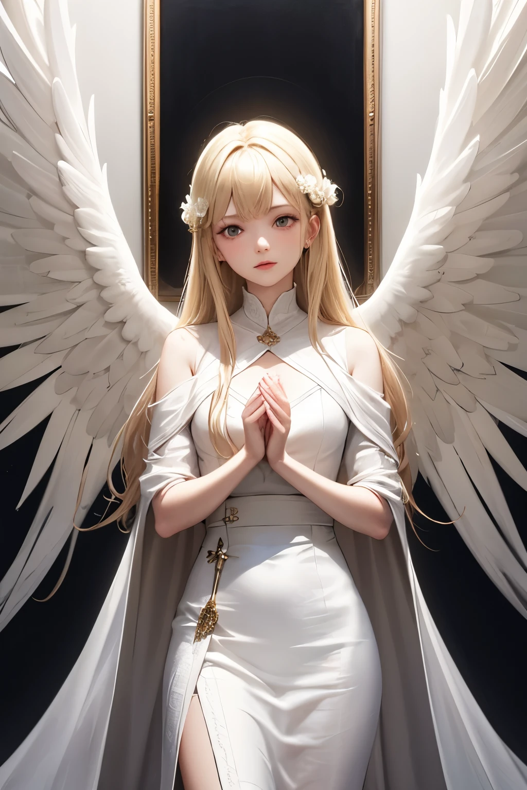 An angel who grants human wishes,strict,Solemn,Light,Sublime,god々Shii,Unsurreal,2.5D,White clothes,blonde,neutral