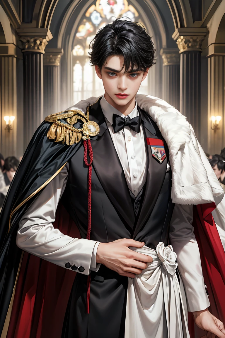 masterpiece, 最high quality, high quality, 1 boy, alone, Male focus, Watching the audience, Messy black hair, Adorable big blue eyes, White people, Noble, Noble,Sexy voluminous cape、Tuxedo、A very voluminous, large, very large, very large, long, long red and black cape with a high stand-up collar, reaching down to the floor, made of a lot of fabric., 17 years old,Cute beautiful boys,Cute, cute, kind, handsome guy