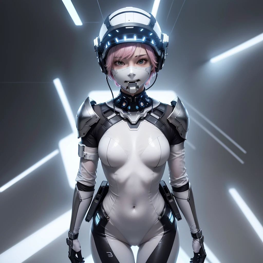 ((of the highest quality)), ((master piece)), (detail:1.4), Translucent white material with mechanical parts and transparent skin, Beautiful woman in cyber bodysuit made of gray carbon material, Glowing pale with LEDs, (Wide open chest), Ticker (High dynamic range), Ray tracing, NVIDIA RTX, Super Resolution, Subsurface tering PBR Texturing, Post-processing, Anisotropy Filtering, depth of fields, Surface Shading, Accurate simulation of light/Material Inteerfectly proportions, Two-tone lighting, Wide aperture, Low ISO, White Balance, 8K, (((cyber mouth masker))), 25 year old woman, Cyber headgear with dull glowing LEDs, knee high, Dull bangs beautiful short hair, ((Cyber hood with dull glowing LEDs)), beautiful short pink hair, Skin of the hips and thighs, Beautiful body, Chest to feel gravity, (Medium breasts: 1.0), and minimalistic space, upright pose, Looking down, steel mouth masker, close up, (((cyber helmet))), stand up straight