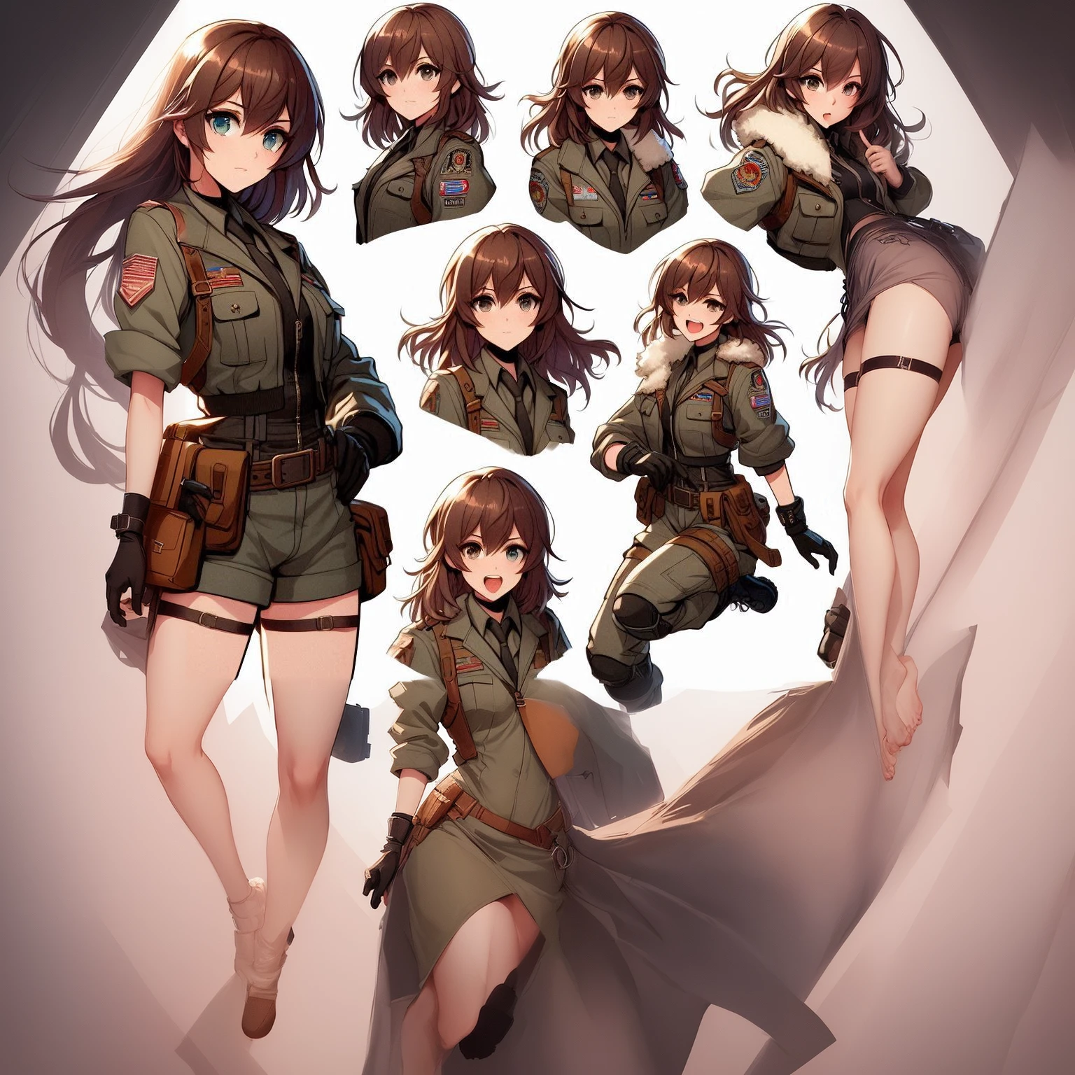 a female anime character who is a beautiful young girl wearing military attire in various poses and expressions