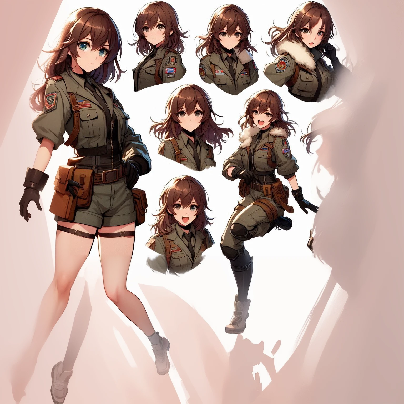a female anime character who is a beautiful young girl wearing military attire in various poses and expressions
