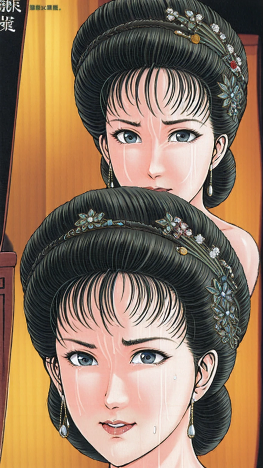 (best quality), (very aesthetic), (ultra-detailed), (best illustration),(a mature female),(perfect face),Suikoden,Mrs. Lin,(((NSFW))),((full_body)),((full_nude)),(crying),Covers mouth with right hand,red cheek,sweating,skinny,flushed skin,(hairly),(Missionary position sex),(resting the back of her head on a pillow),(She is lying face up on chinese traditional bed room),First person view