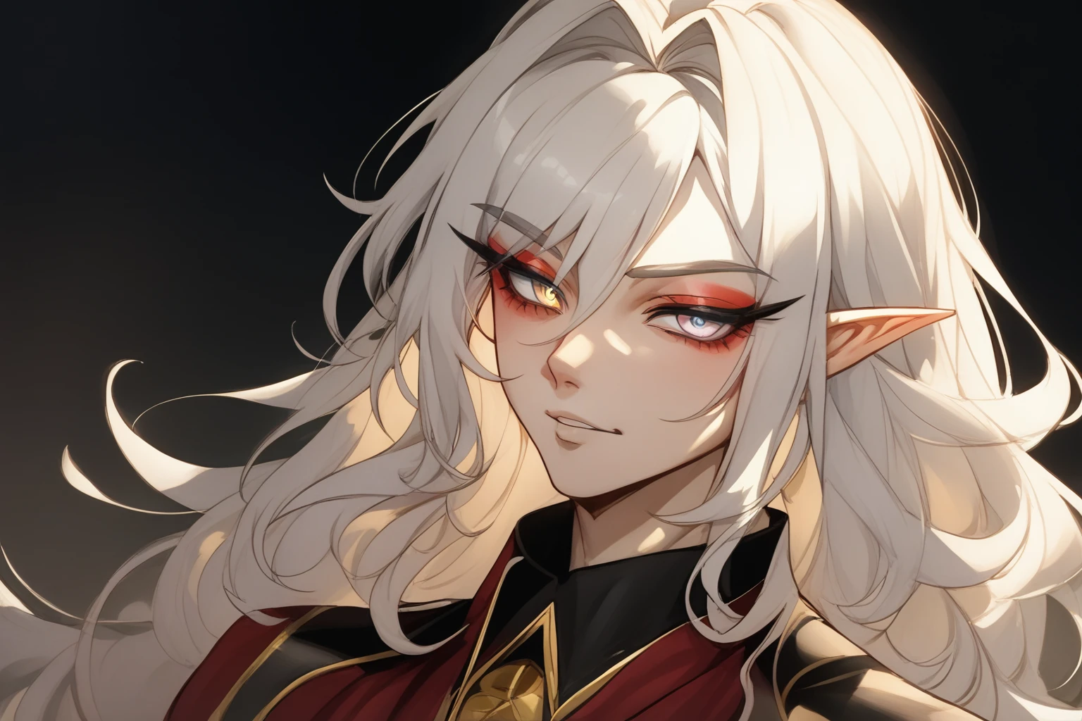 (yellow skin 2.5), (gold skin 1.5), (masterpiece),(highest quality),highres, (extremely detailed), ultrahires, dunmer, altmer, pretty boy, male, anime guy, anime boy, dollish eyelashes, long wavy hair, portrait, smoky eyes, arab eyeliner, ostentatious brocade robes, glamorous, gorgeous, stunning eyes, jewelry, veils, golden skin, dewy skin, bjd, glossy eyelids, eyeshadow, vibrant, pointy chin, v shaped jaw, domineering, proud, slender, high elf, curly hair,