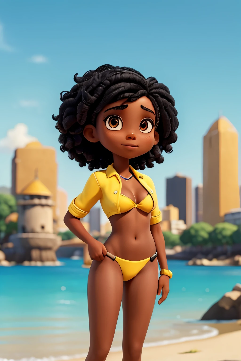 manages a beautiful black girl, her haircut is black power, she wears a yellow bikini, she has a powerful but at the same time gentle look, the photo shows her in full body. The colors in the image are very vivid and the landscape is a city. She has lots of colorful accessories in her hair, and a young face.
