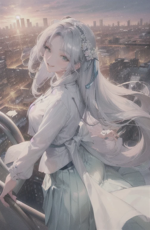 Official Art, masterpiece, Clear focus, (Beautiful, gorgeous and lovely Korean woman:1.3), (Beautiful and cute Korean:1.3), Korean beauty, Exquisite and beautiful hair、Eyes and face, Practical, Extremely detailed, beautiful girl, Blue sky, Glowing white particles, (Side Light:1.2), Sunlight, White Cloud, Detailed clouds, slim, Very cute big boobs and big butt, Smile with teeth bared, ((Smile with your eyes, Open your eyes)), landscape, Long and straight hair, Sexy facial expressions, architecture, (city View:1.7), Dynamic Hair, very Long and straight hair, Detailed platinum silver hair, Green eyes, (Pink Pleated Shirt + skirt), White socks, Pale skin, Hair accessories, epic landscape,