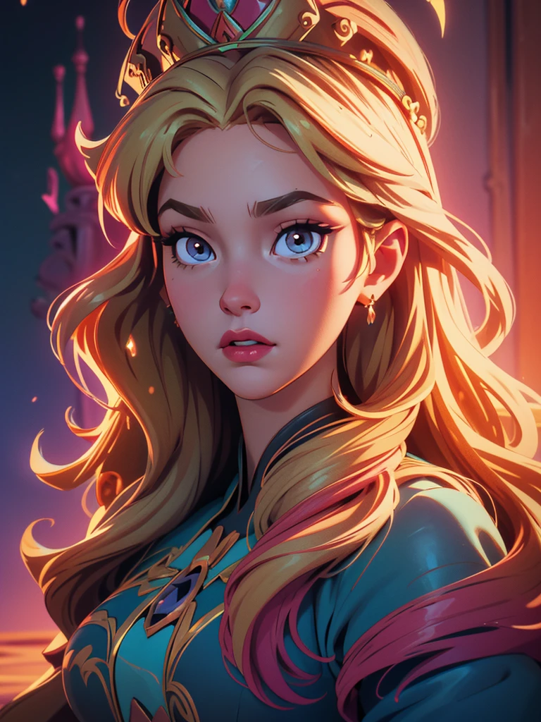 a beautiful disney princess Aurora, 20 years old, with large breasts, detailed face, elegant dress, princess crown, long blonde hair, detailed jewelry, photorealistic, ultra-detailed, 8k, best quality, intricate details, cinematic lighting, dramatic colors, fantasy art