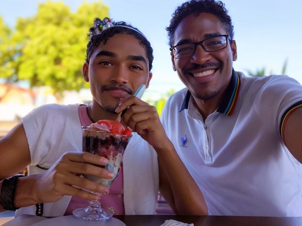 imagem estilo disney pixar cartoon. com cor de pele mel, de 9 anos de idade, cabelo liso usando uma tiara com uma flor do lado esquerdo, tomando sorvete de morango. Homem negro de bigode, curly hair and glasses. They are both smiling.