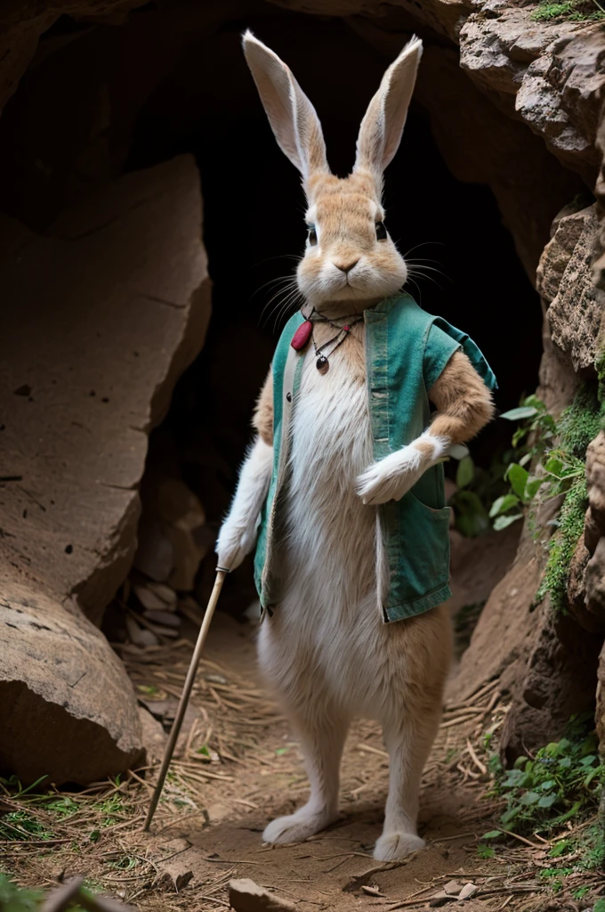 an anthropomorphic rabbit dressed in leaves and hides carrying a spear standing in front of a cave entrance, masterpiece, best, photo realistic