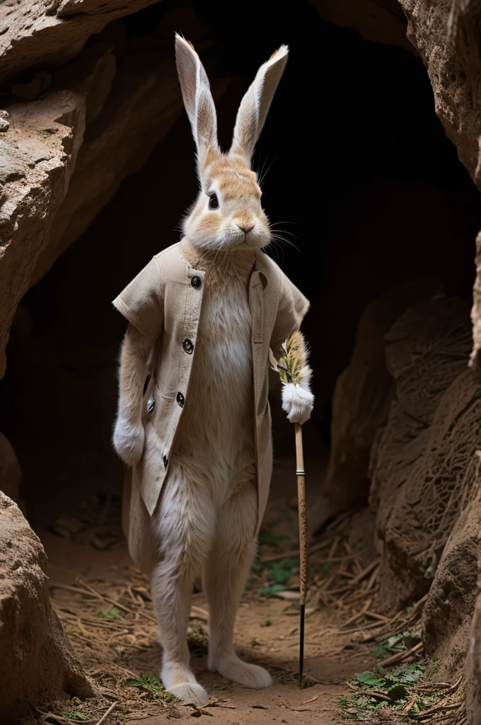 an anthropomorphic rabbit dressed in leaves and hides carrying a spear standing in front of a cave entrance, masterpiece, best, photo realistic