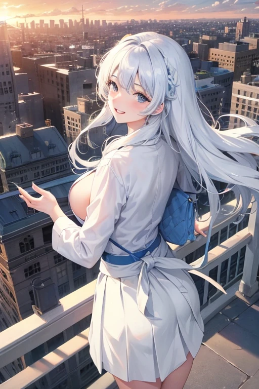 Official Art, masterpiece, Clear focus, (Beautiful, gorgeous and lovely Korean women:1.3), (Beautiful and cute Korean:1.3), Korean beauty, Exquisite and beautiful hair、Eyes and face, Practical, Super detailed, beautiful girl, Blue sky, 夜光White颗粒, (Side Light:1.2), Sunlight, White Cloud, Detailed Cloud, thin and long, Cute big boobs and big ass, grin, ((Smile with your eyes, Open your eyes)), landscape, long, Straight Hair, sexy facial expression, architecture, (city View:1.7), Dynamic Hair, long, Straight Hair, delicate white hair, glowing blue eyes, (blue pleated shirt + White Skirt), White, Pale skin, Hair accessories, epic landscape,Nice little ass,Beautiful buttocks ,White高跟鞋,The skirt was lifted
