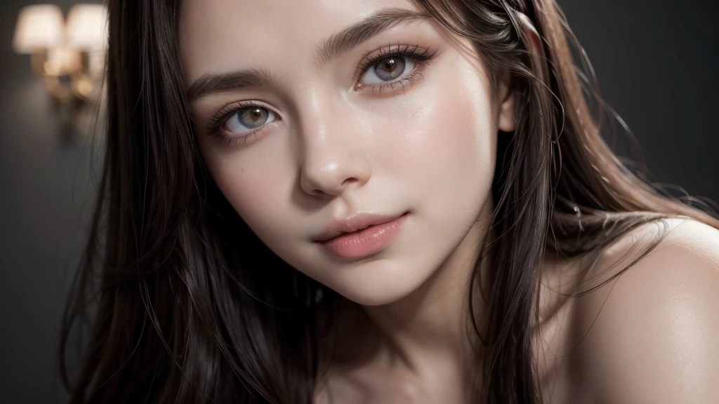 Soft portrait of a beautiful woman, flowing dark hair, captivating gaze, elegant features, radiant smile, feminine beauty, subtle makeup, striking eyes, long lashes, graceful posture, stylish attire, soft shadows, warm skin tones, detailed portrait, realistic style, high-resolution, delicate lighting, digital painting, by Sofia Bonati, Behance.