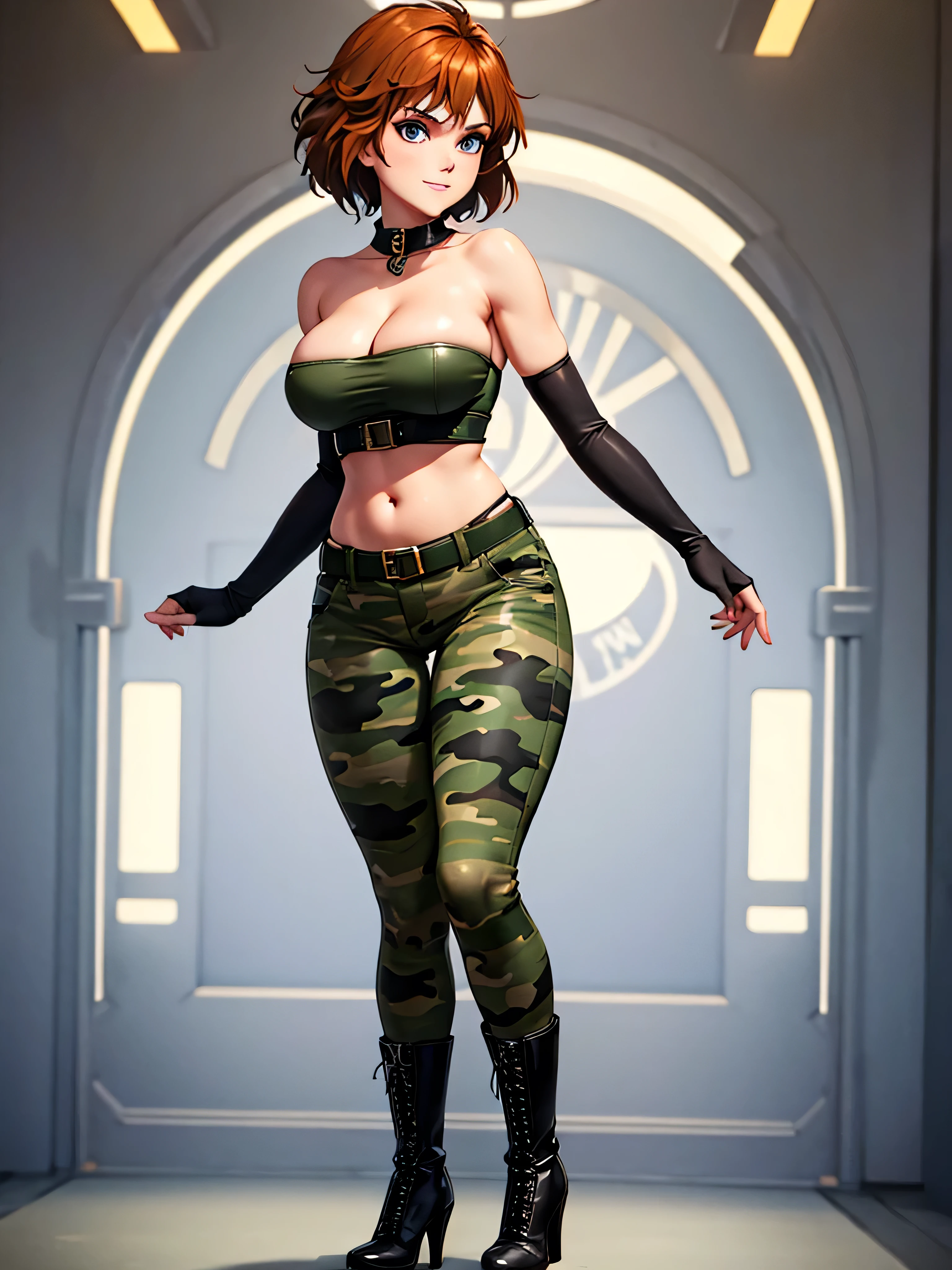 merula, full body, thighs, boots high heels, solo girl, medium tits, military camouflage pants, belly, top strapless