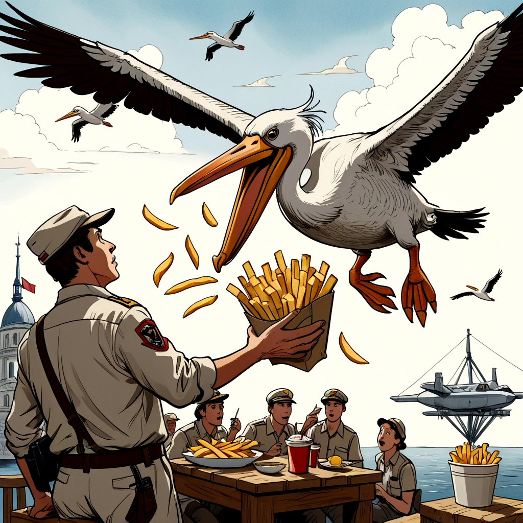 rescuers down under, cinematic wordless poster, Wilbur the pelican in flight, snacking on french fries, showcase pelican soaring in the sky eating fries, expressive unfinished sketch, unified coloring, ink lines, ink figure