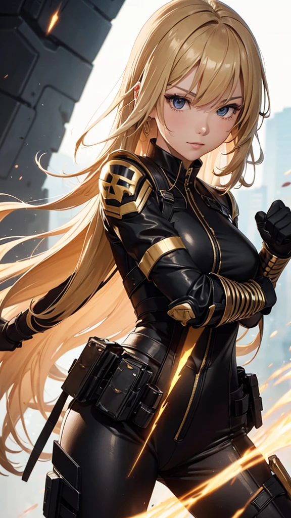 random angle close portrait, brush drawing image, beautiful Thai female teen, aged 20, dynamic fighting action pose with gold advanced sci-fi sword, long blonde hair with, glossy black slim fit sci-fi short pants jumpsuits with weapons holster on thighs, black sci-fi shoulders and arms armour, black gloves, gold smoke explode, white background, 8k resolution