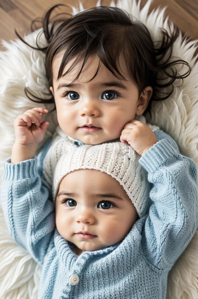 Un bebe con el cabello rubio corto y un poco rizado con ojos de color azul verdoso, white fur and a white hand knitted sweater