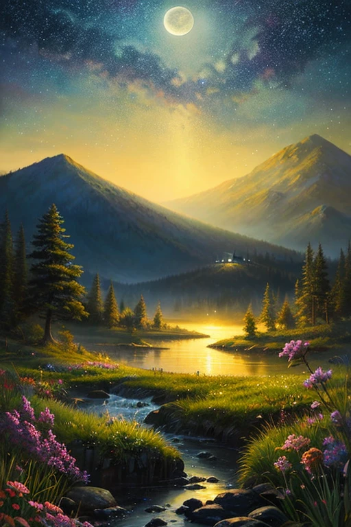 Highest quality、Landscape painting、nature、night景、night、moon、Starry Sky