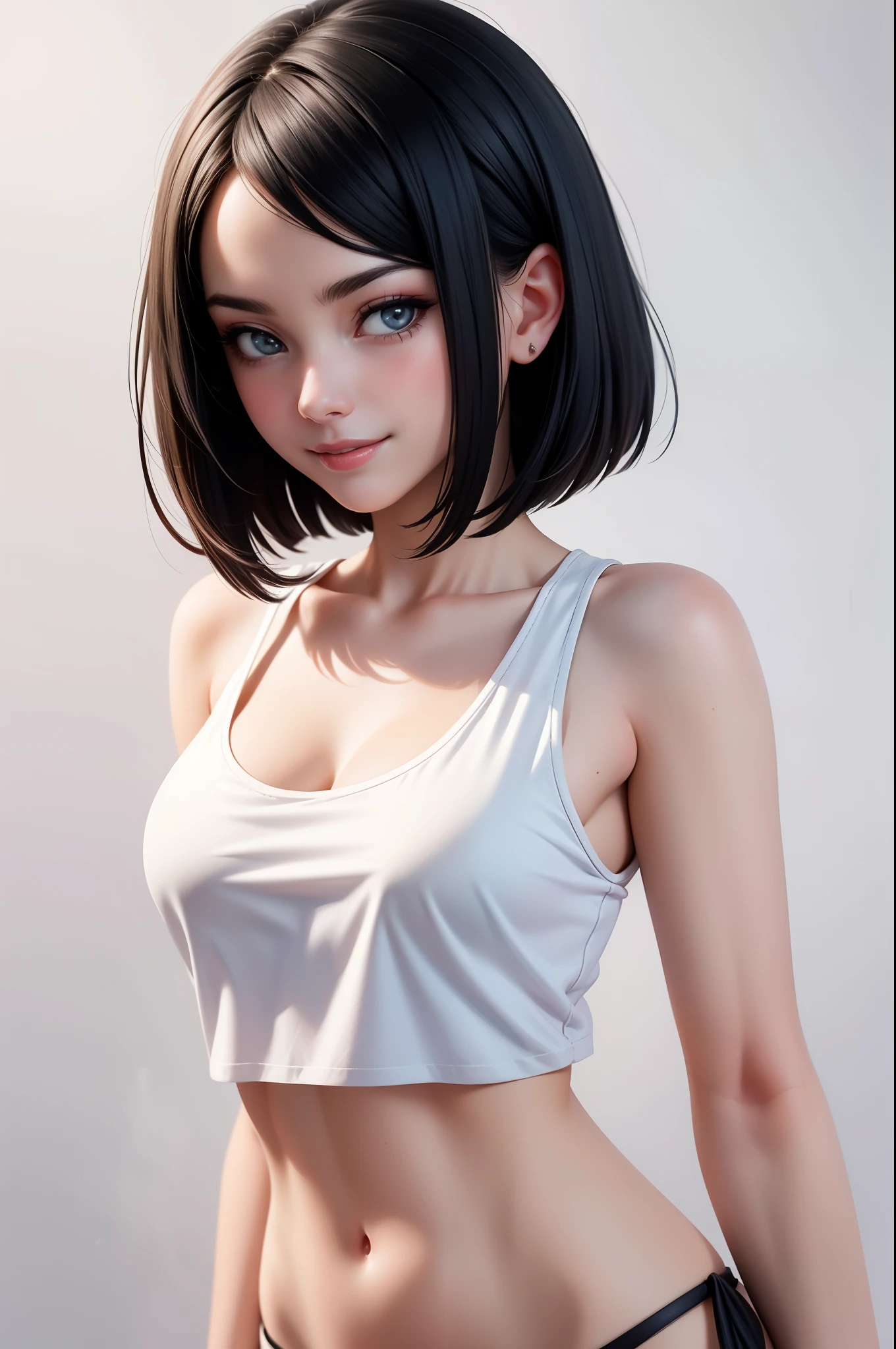 Amazing cowboy shot of a sexy woman wearing her black bob cut hair, seductively gazing and smiling, soft lips, blushing intensely, white tank top, panties , medium chest, perfect body, simple background, Nicole Kidman