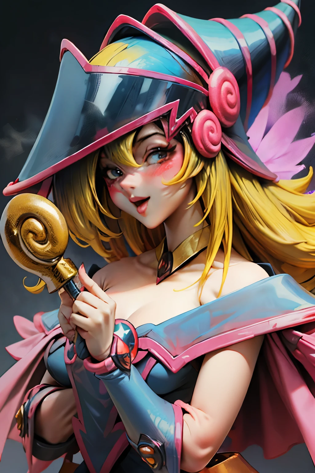 Hermoso rostro de dark magician gils, ojos azules. Labios rosados. Cabello rubio y largo. Ombros descubiertos, sonrisa angelical, hermoso rostro bien detallados de dark magician gils. With his hands he makes the sign of love and peace. His hands make a sign of peace and love.
