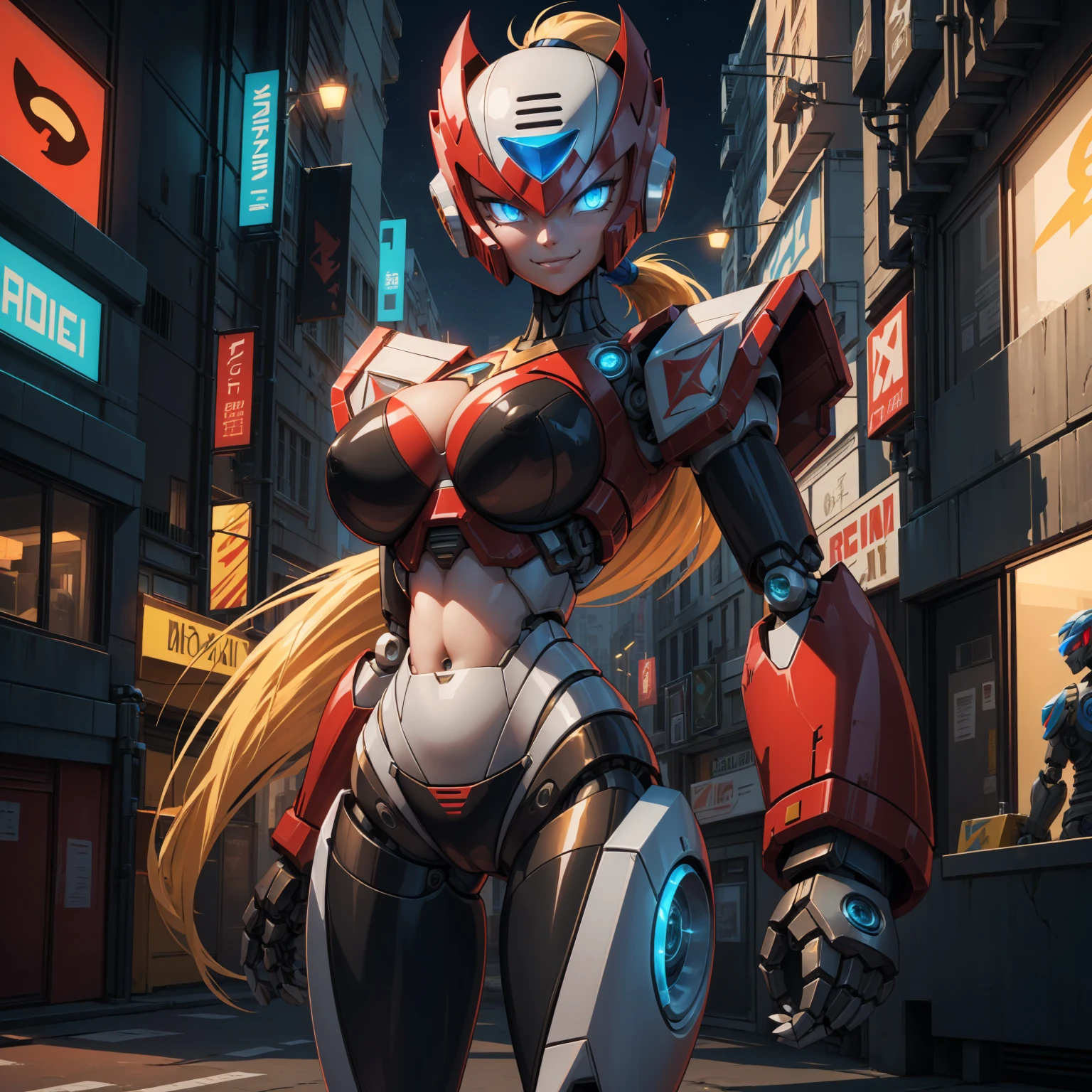 zero_megamanx, ((long blonde hair, ponytail, glowing blue eyes, red and black color armor, makeup, narrow waist, skinny, medium breasts, helmet)), pelvic curtain, ((black panties, red bra)), full body, perfect body, (insanely detailed, beautiful detailed face, masterpiece, best quality) , (((solo))), (((1robot))), (((mature))), (extremely detailed 8k paper CG wall unit: 1.1), (cyberpunk, street, night), (smile face for the viewer), mechanical parts, robot joints