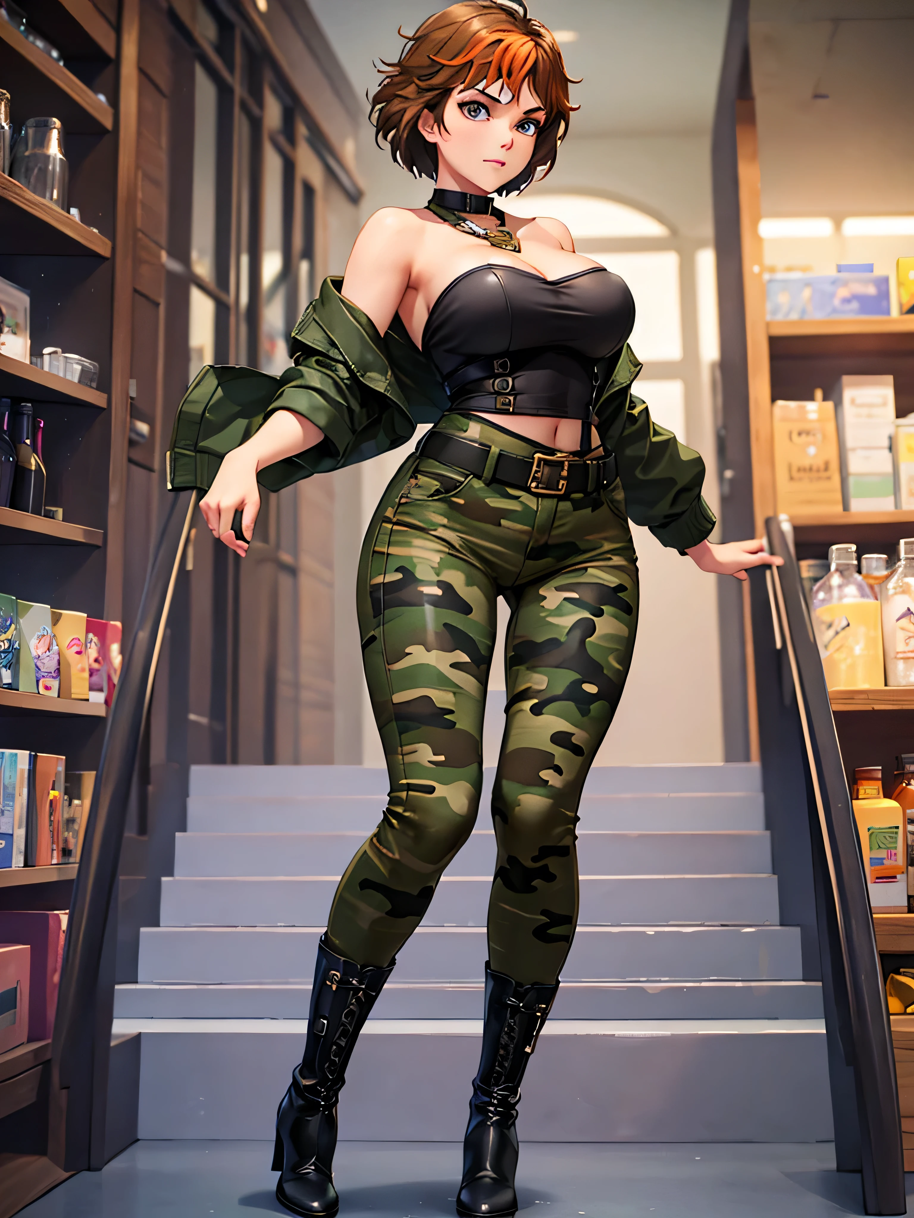 merula, full body, thighs, boots high heels, solo girl, medium tits, military camouflage pants, belly, top strapless