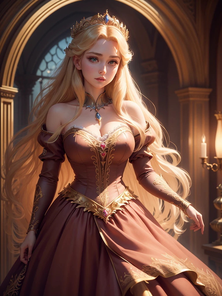 a beautiful disney princess Aurora, 20 years old, with large breasts, detailed face, elegant dress, princess crown, long blonde hair, detailed jewelry, photorealistic, ultra-detailed, 8k, best quality, intricate details, cinematic lighting, dramatic colors, fantasy art