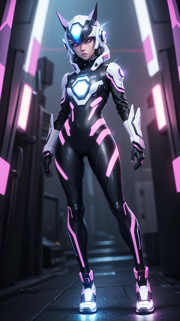(female protogen),ciberpunk,mechanic,olhos brilhantes,metallic surface,tela digital,Advanced technology,futurista,luzes de neon,campo eletromagnetico,Arestas afiadas,design simplificado,organismo digital,biomechanic,,viseira de vidro,sentidos aprimorados,energetic pose,invisible circuits,,fios coloridos,ciborgue feminino, (((full body))), background na cidade de tokyo