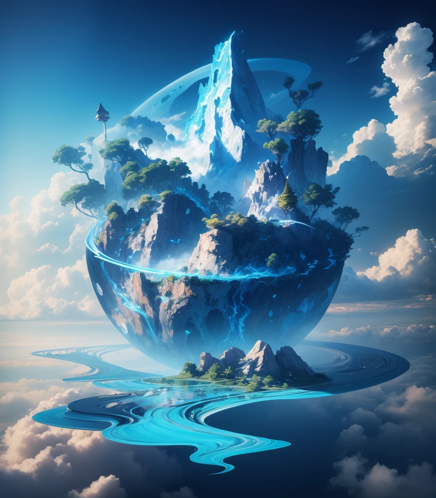 blue colors,scenecy,Mountains and rivers,water flowing,blue-sky,Uniform and rich shades,extraordinary,hd render,The light is gentle、cumulonimbus