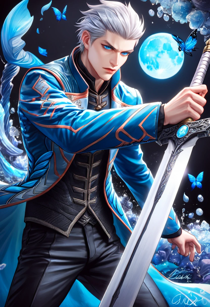 absurdres, highres, ultra detailed, HDR, master piece, best quality, Vergil, white hair slicked back, expressive blue eyes, devil may cry, solo, sexy man holding a sword, handsome, blue coat, black shirt, black pants, magical, fantasy, shining, blue flowers, blue moon, blue butterflies, blue petals, water