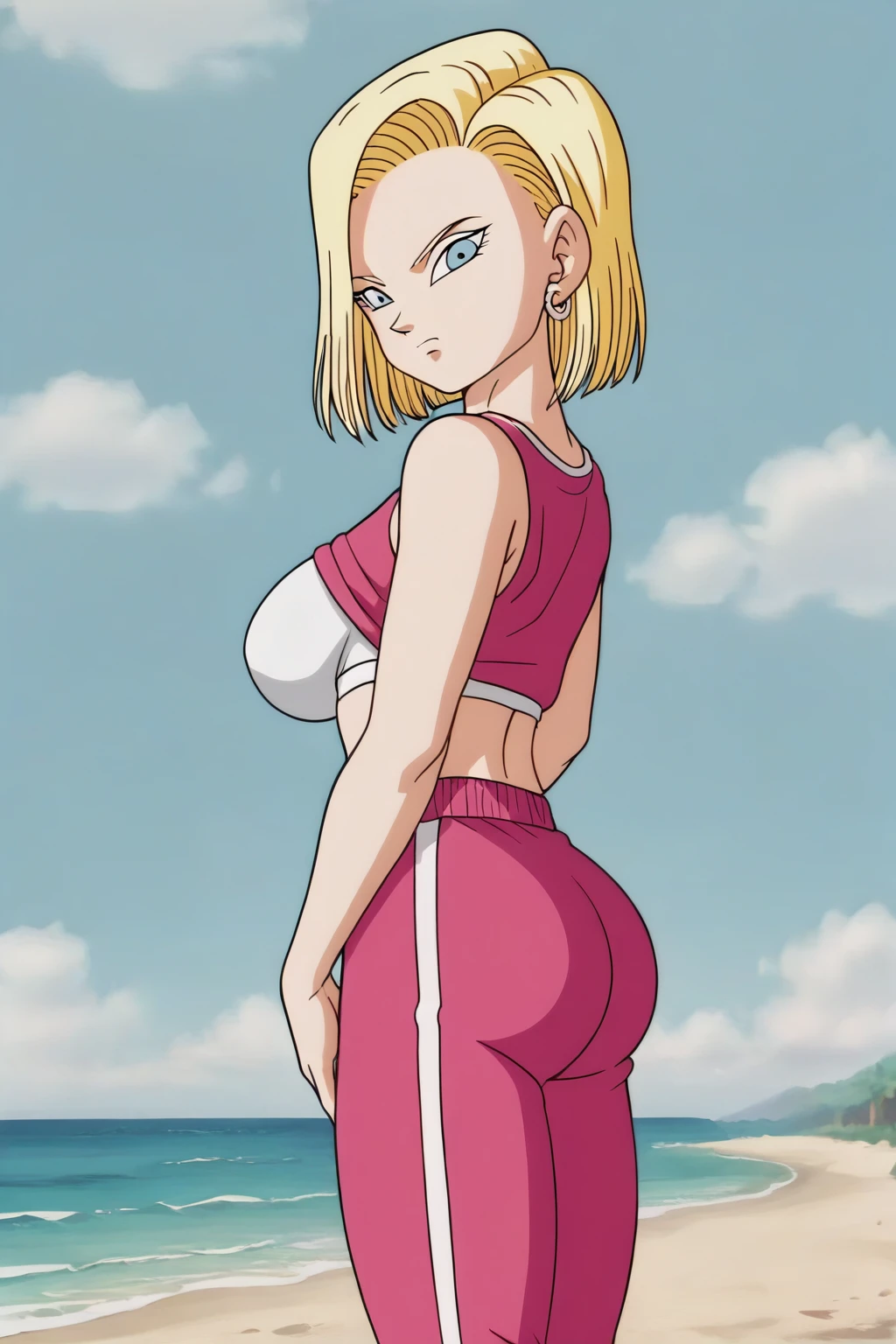 source_anime, score_9, score_8_up, score_7_up, anime screencap, detailed face, android 18, supertop, 1girl, solo, looking at viewer, short hair, blue eyes, blonde hair, collarbone, hoop earrings, beach, white bra, track pants, pink pants, standing, back view, big breasts, sexy hips, big ass, thick legs, sexy body, holding ass