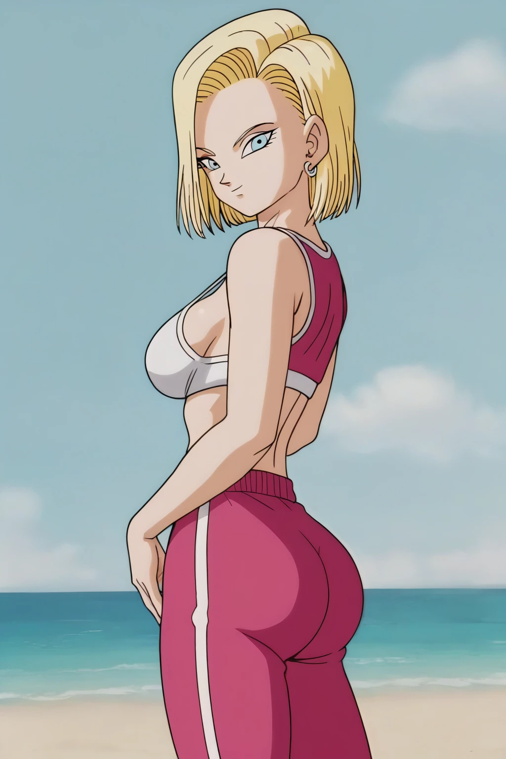 source_anime, score_9, score_8_up, score_7_up, anime screencap, detailed face, android 18, supertop, 1girl, solo, looking at viewer, short hair, blue eyes, blonde hair, collarbone, hoop earrings, beach, white bra, track pants, pink pants, standing, back view, big breasts, sexy hips, big ass, thick legs, sexy body, holding ass