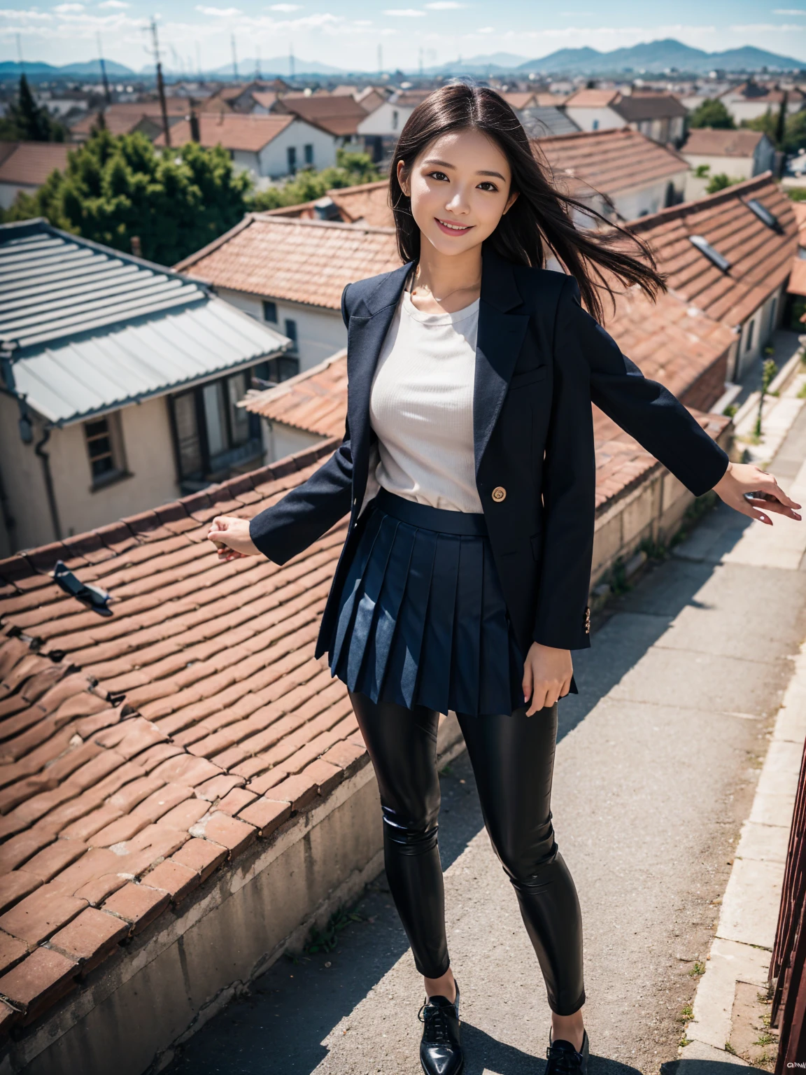 very cute and beautiful girl,(Very exquisite beautiful face and eyes:1.2),Sailor ,(Navy blue pleated mini skirt),Black Pantyhose(Skirt flip, jet black thick pants,:1.2),、Dynamic Angle,smile,View your viewers,Black Hair, European house with red roof々,(Overview of the town:1.2),Detailed landscape, (Highest quality,masterpiece:1.2),Intricate details,Very detailed,8K resolution,alone,Natural light, Hair blowing in the wind,Beautifully detailed skies,