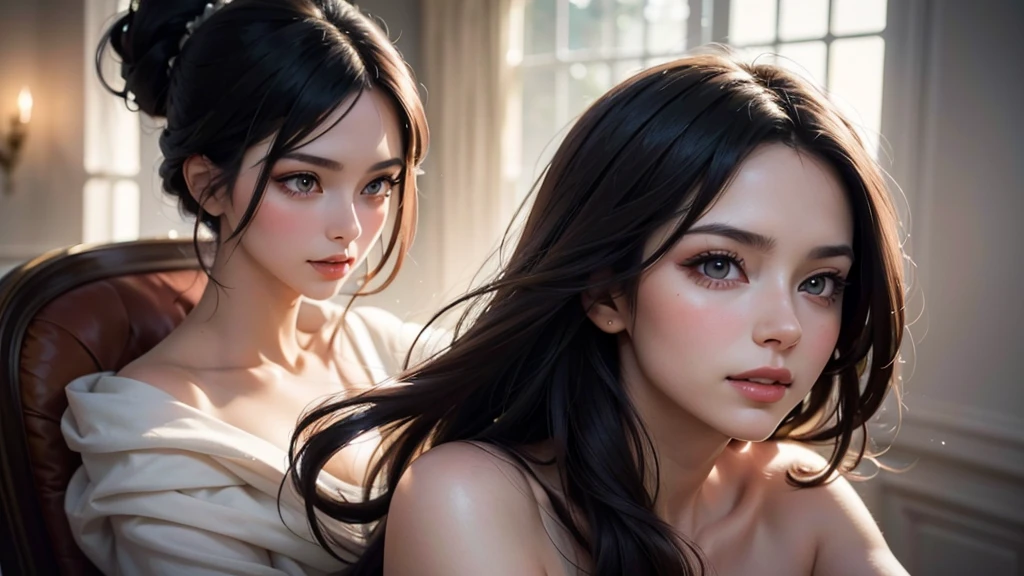 Soft portrait of a beautiful woman, flowing dark hair, captivating gaze, elegant features, radiant smile, feminine beauty, subtle makeup, striking eyes, long lashes, graceful posture, stylish attire, soft shadows, warm skin tones, detailed portrait, realistic style, high-resolution, delicate lighting, digital painting, by Sofia Bonati, Behance.