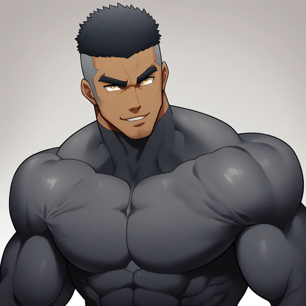 one negro, anime characters：Gyee, Muscle Sports Student, negro black skin, Very Black, 1 muscular tough guy, Manliness, male focus, Dark grey ong sleeve tights, Regular symmetrical pattern, Very tight, The pectoral muscles are oversized, muscular male, muscular, only, Upper body, alone, Black short hair, Thick eyebrows, stubble, Yellow eyes, White background, simple background, amazing quality, best aesthetics, Ridiculous, bright pupils, crew cut, parted lips, seductive smile, torogao, naughty face, best quality