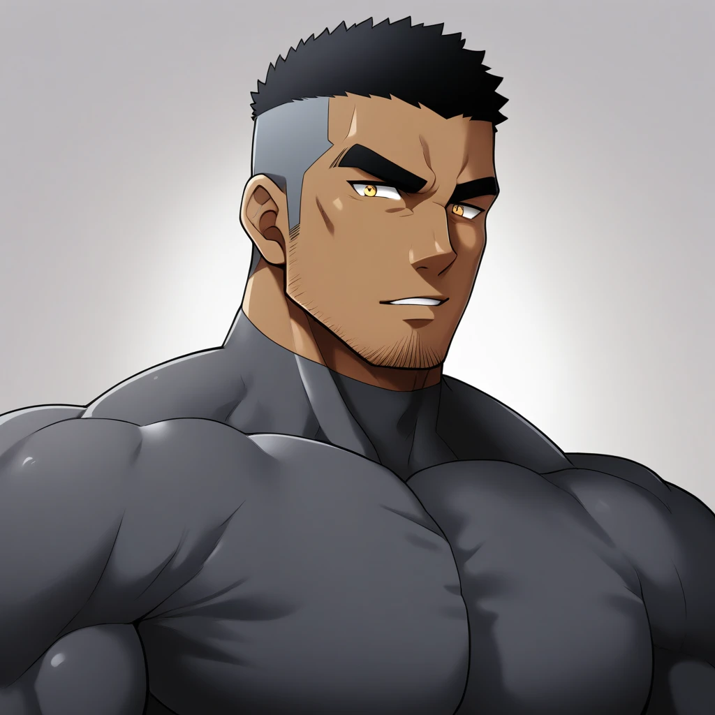 one negro, anime characters：Gyee, Muscle Sports Student, negro black skin, Very Black, 1 muscular tough guy, Manliness, male focus, Dark grey ong sleeve tights, Regular symmetrical pattern, Very tight, The pectoral muscles are oversized, muscular male, muscular, only, Upper body, alone, Black short hair, Thick eyebrows, stubble, Yellow eyes, White background, simple background, amazing quality, best aesthetics, Ridiculous, bright pupils, crew cut, parted lips, seductive smile, torogao, naughty face, best quality