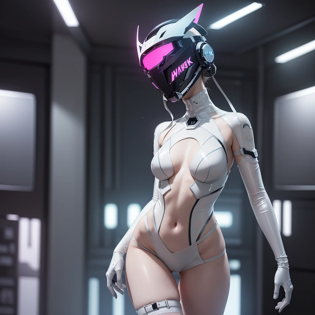 ((of the highest quality)), ((master piece)), (detail:1.4), Translucent white material with mechanical parts and transparent skin, Beautiful woman in cyber bodysuit made of gray carbon material, Glowing pale with LEDs, (Wide open chest), Ticker (High dynamic range), Ray tracing, NVIDIA RTX, Super Resolution, Subsurface Scattering PBR Texturing, Post-processing, Anisotropy Filtering, depth of fields, Surface Shading, Accurate simulation of light/Material Interactions, perfectly proportions, Two-tone lighting, Wide aperture, Low ISO, White Balance, 8K, (((cyber mouth masker))), 25 year old woman, Cyber headgear with dull glowing LEDs, knee high, Dull bangs beautiful short hair, ((Cyber hood with dull glowing LEDs)), beautiful short pink hair, Skin of the hips and thighs, Beautiful body, Chest to feel gravity, (Medium breasts: 1.0), Simple and minimalistic space, upright pose, Looking down, steel mouth masker, close up, (((cyber helmet))), stand up straight