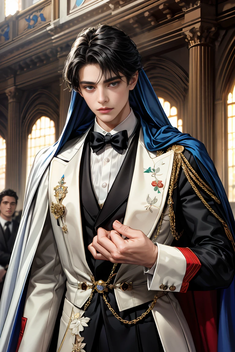 
masterpiece, 最high quality, high quality, 1 boy, alone, Male focus, Watching the audience,  Messy black hair, Adorable big blue eyes, White people, Noble, Noble,Sexy voluminous cape、Tuxedo、A very voluminous, large, very large, very large, long, long red and black cape with a high stand-up collar, reaching down to the floor, made of a lot of fabric., 17 years old,Cute beautiful boys,Cute, cute, kind, handsome guy