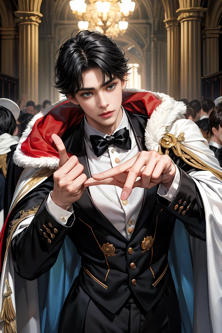 
masterpiece, 最high quality, high quality, 1 boy, alone, Male focus, Watching the audience,  Messy black hair, Adorable big blue eyes, White people, Noble, Noble,Sexy voluminous cape、Tuxedo、A very voluminous, large, very large, very large, long, long red and black cape with a high stand-up collar, reaching down to the floor, made of a lot of fabric., ,Cute beautiful boys,Cute, cute, kind, handsome guy