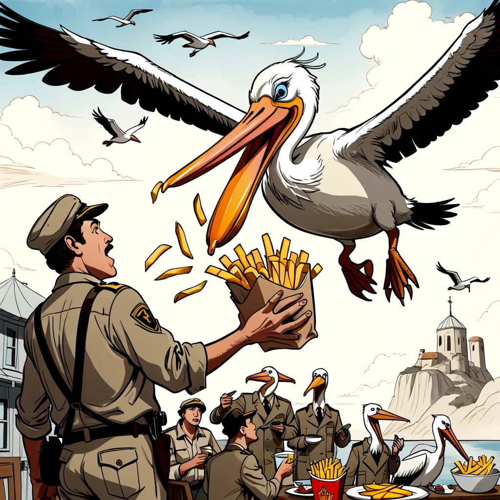 rescuers down under, cinematic wordless poster, Wilbur the pelican in flight, snacking on french fries, showcase pelican soaring in the sky eating fries, expressive unfinished sketch, unified coloring, ink lines, ink figure