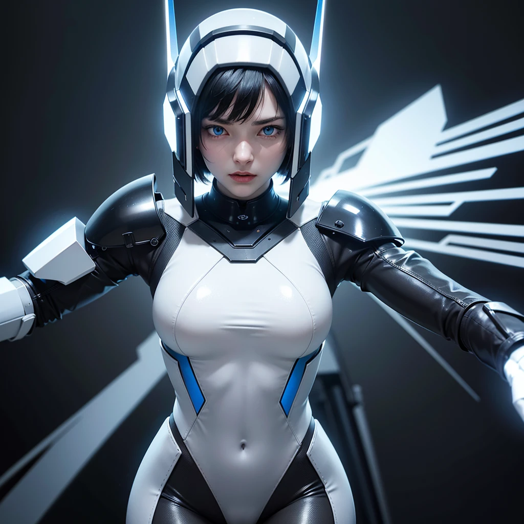 ((of the highest quality)), ((master piece)), (detail:1.4), Translucent white material with mechanical parts and transparent skin, Beautiful woman in cyber bodysuit made of gray carbon material, Glowing pale with LEDs, Ticker (High dynamic range), Ray tracing, NVIDIA RTX, Super Resolution, Subsurface Scattering PBR Texturing, Post-processing, Anisotropy Filtering, depth of fields, Surface Shading, Accurate simulation of light/Material Interactions, perfectly proportions, Two-tone lighting, Wide aperture, Low ISO, White Balance, 8K, NSFW, (((cyber headgear))), 25 year old woman, Cyber headgear with dull glowing LEDs, knee high, Dull bangs beautiful short hair, ((Cyber hood with dull glowing LEDs)), beautiful short black hair, beautiful blue eyes, angry face, Beautiful body, Simple and minimalistic space, close up