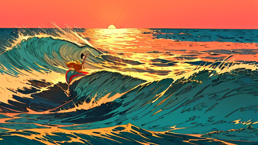 (male,Medium meat),(short,Blonde),(Riding Wiglet:1.1,It looks like a surfboard),(Through the waves),(Beyond the Sunset).,(Highest quality:1.2),(Very detailed),(practical:1.37),(landscape),(Bright colors),(Warm, vibrant colors),(soft, Golden Light),(Sparkling reflections on the water), Anime Style,Ocean,Oceanのビーチ,Coconut Tree,Seagull,Baiyun,A small island in the distance