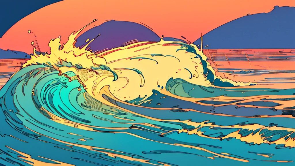 (male,Medium meat),(short,Blonde),(Riding Wiglet:1.1,It looks like a surfboard),(Through the waves),(Beyond the Sunset).,(Highest quality:1.2),(Very detailed),(practical:1.37),(landscape),(Bright colors),(Warm, vibrant colors),(soft, Golden Light),(Sparkling reflections on the water), Anime Style,Ocean,Oceanのビーチ,Coconut Tree,Seagull,Baiyun,A small island in the distance