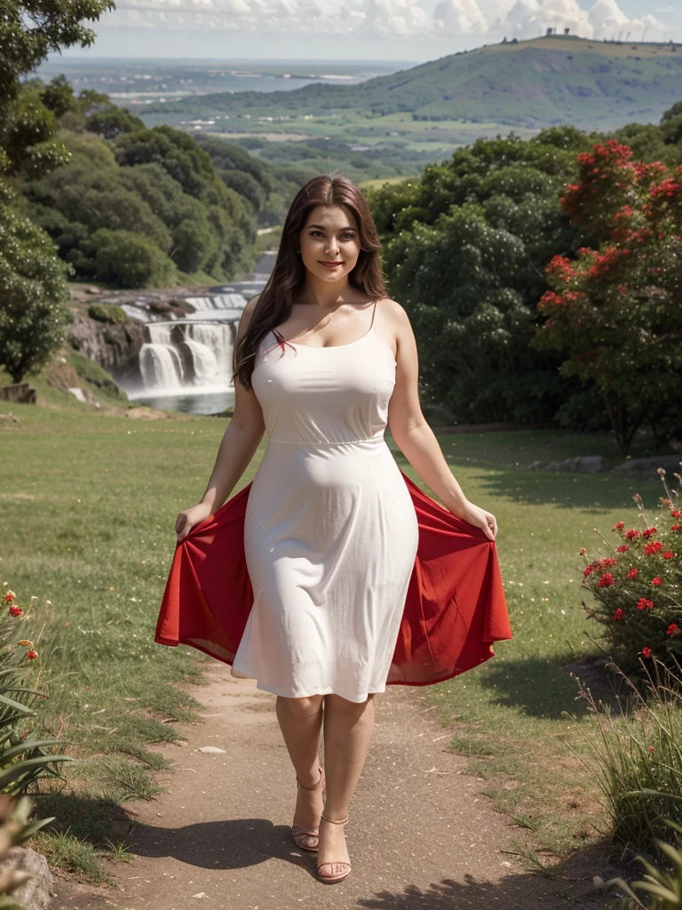 Araffe dress,Red dressRed wearing a short dress (white),People close to whitea mountain of water near the grass,Waterfall nearby light green, shining flowers,Red skywearing a suit (white), lipstick (pink) Escasamente vestido.Smooth sky model Hermosa figuracuerpo voluptuoso curvy hermosas sonrisa seductora Retrato Gabriella Lin Rojo Orange dress Red