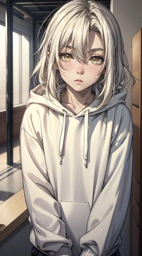 A cute 18 year old boy with fair skin, large eyelashed eyes, yellow eyes, long white hair, small plump lips, delicate and adorable appearance, wearing an oversized cropped hoodie, looking at the camera