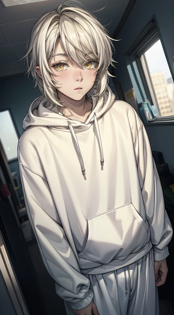 A cute 18 year old boy with fair skin, large eyelashed eyes, yellow eyes, long white hair, small plump lips, delicate and adorable appearance, wearing an oversized cropped hoodie, looking at the camera