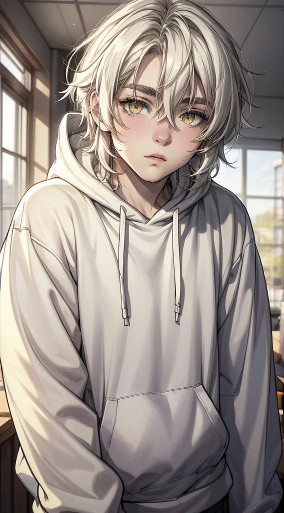 A cute 18 year old boy with fair skin, large eyelashed eyes, yellow eyes, long white hair, small plump lips, delicate and adorable appearance, wearing an oversized cropped hoodie, looking at the camera