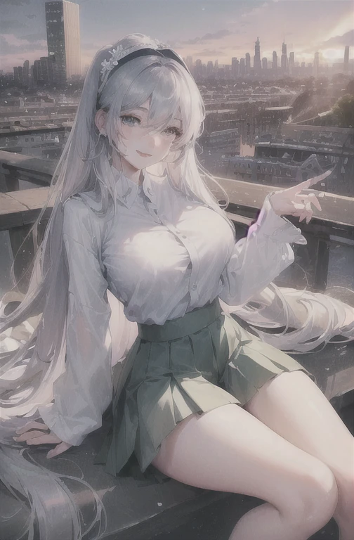 Official Art, masterpiece, Clear focus, (Beautiful, gorgeous and lovely Korean woman:1.3), (Beautiful and cute Korean:1.3), Korean beauty, Exquisite and beautiful hair、Eyes and face, Practical, Extremely detailed, beautiful girl, Blue sky, Glowing white particles, (Side Light:1.2), Sunlight, White Cloud, Detailed clouds, slim, Very cute big boobs and big butt, Smile with teeth bared, ((Smile with your eyes, Open your eyes)), landscape, Long and straight hair, Sexy facial expressions, architecture, (city View:1.7), Dynamic Hair, very Long and straight hair, Detailed platinum silver hair, Green eyes, (Pink Pleated Shirt + skirt), White socks, Pale skin, Hair accessories, epic landscape,Short skirt，Nice butt，Beautiful buttocks