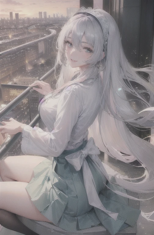 Official Art, masterpiece, Clear focus, (Beautiful, gorgeous and lovely Korean woman:1.3), (Beautiful and cute Korean:1.3), Korean beauty, Exquisite and beautiful hair、Eyes and face, Practical, Extremely detailed, beautiful girl, Blue sky, Glowing white particles, (Side Light:1.2), Sunlight, White Cloud, Detailed clouds, slim, Very cute big boobs and big butt, Smile with teeth bared, ((Smile with your eyes, Open your eyes)), landscape, Long and straight hair, Sexy facial expressions, architecture, (city View:1.7), Dynamic Hair, very Long and straight hair, Detailed platinum silver hair, Green eyes, (Pink Pleated Shirt + skirt), White socks, Pale skin, Hair accessories, epic landscape,Short skirt,Nice butt,Beautiful buttocks