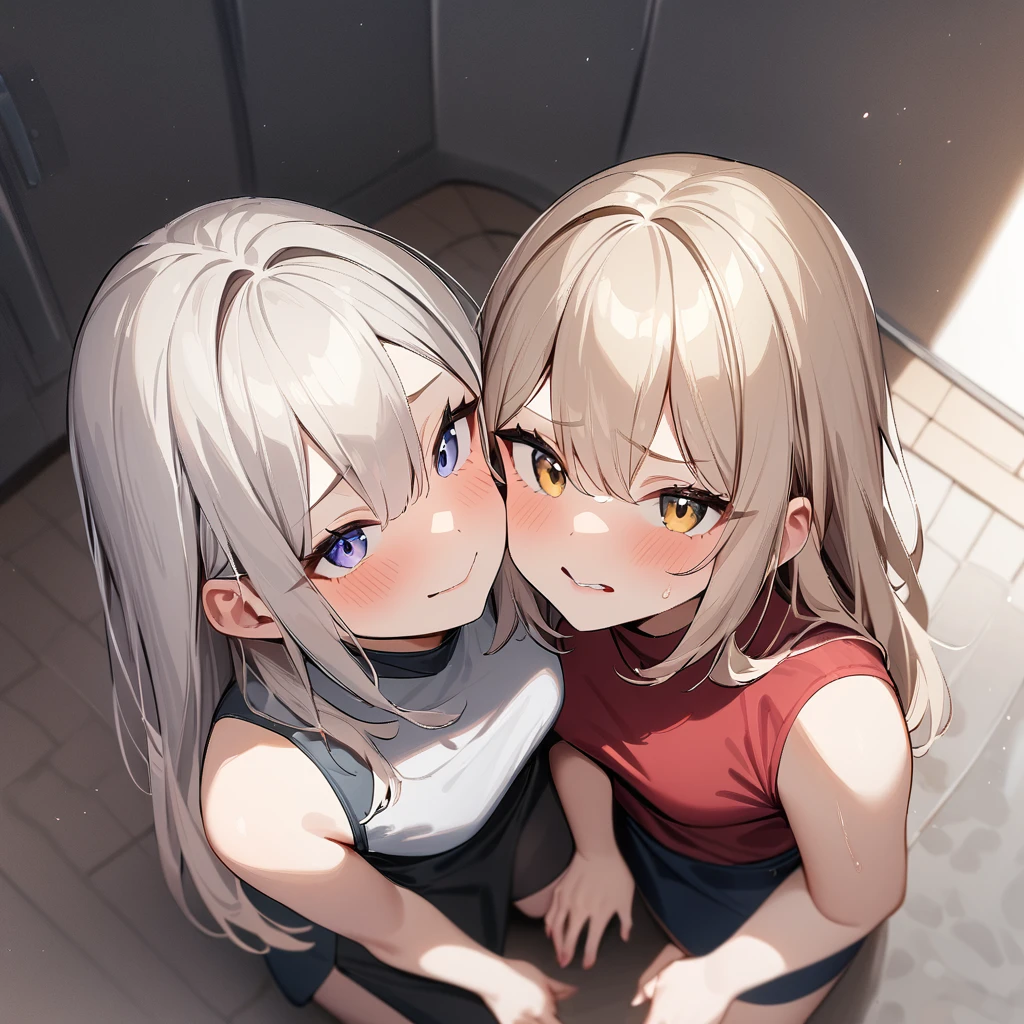 nsfw,(2girls:1.3),duo,pov,From above,Kneeling,masterpiece,best quality,very aesthetic,absurdres,side by side,lineup,(focus),(assertive_female),(light hair),cheek to cheek